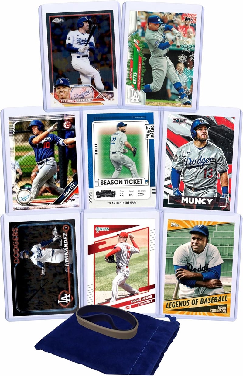 Chaser Los Angeles Dodgers Baseball Cards: Freddie Freeman, Shohei Ohtani, Mookie Betts, Will Smith, Clayton Kershaw, Max Muncy, Teoscar Hernandez, Jackie Robinson ASSORTED Stars and GOATs LA Trading Card and Wristbands Gift Pack - Image 1